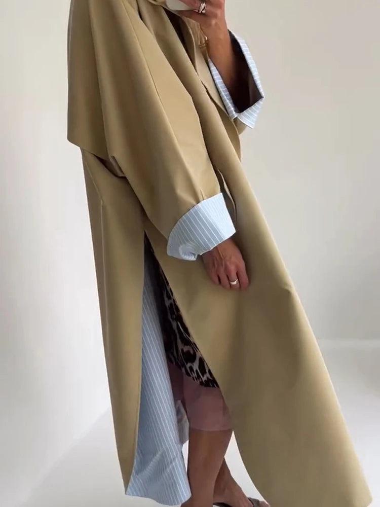 Trench lungo con lacci solido Moda donna Manica intera Risvolto monopetto Capispalla allentato Lady Autunno Cappotto Highstreet quotidiano