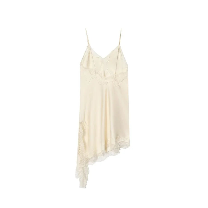 MUJER Abito sottoveste in pizzo nero Abiti corti da festa in raso da donna per le donne Abiti da donna sexy senza schienale Mini abito da notte asimmetrico