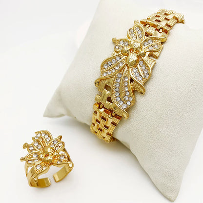 YTJX Ensemble de bijoux de mariage africains, grand collier ras du cou fleur, bracelet zircon fin, boucles d'oreilles perçantes, bague, plaqué or 18 carats