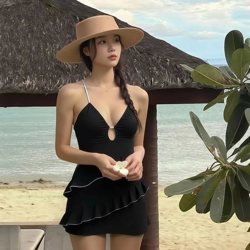 INS Style Sexy Push Up Chest One Piece Swimsuit Women Strap Ruffle Trim Slim Fit Cute Yet Sultry Minimalist for Beach Vacation