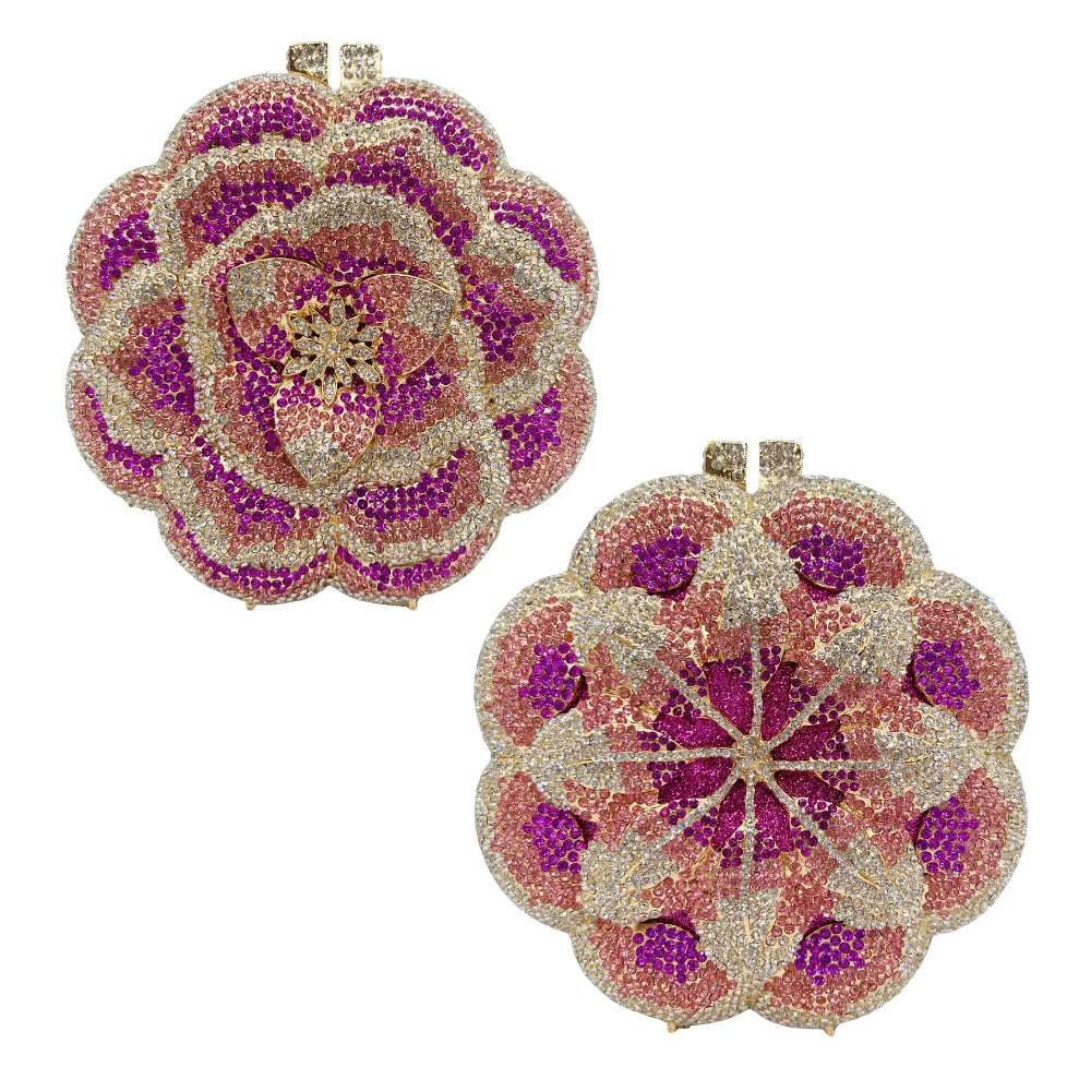 Pochette da sera con strass rosa/verde con fiore rosa Borse da sera da donna in cristallo giallo floreale Pochette da sposa per festa di nozze