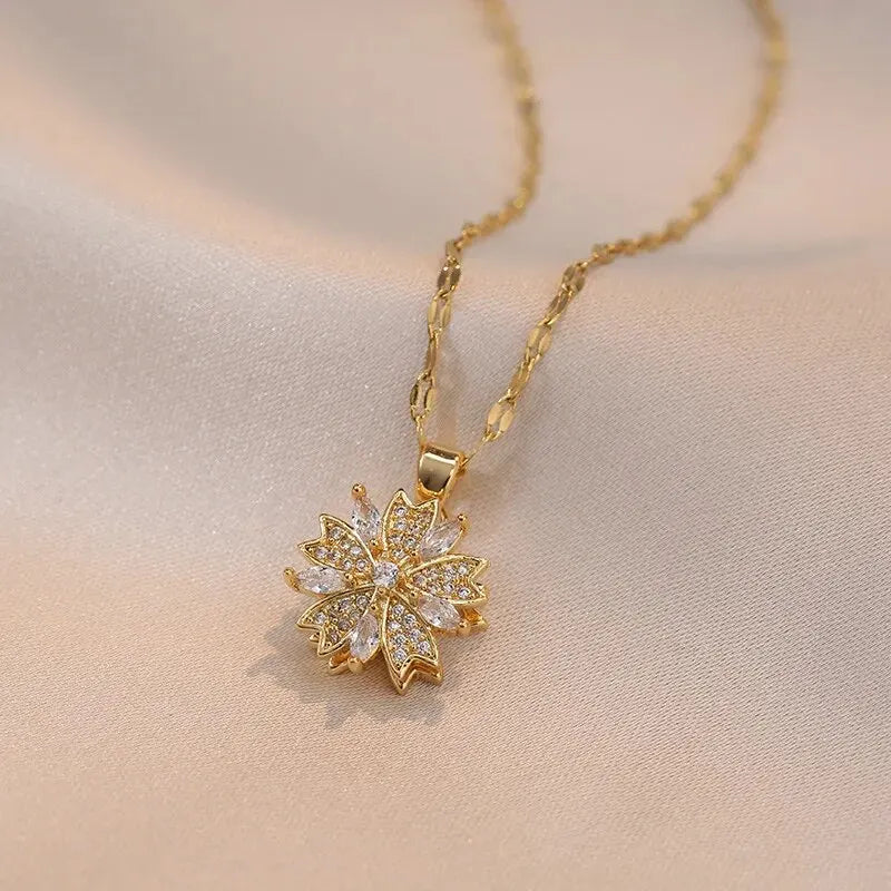 Collana con ciondolo fiore zircone rotante di lusso leggero per le donne Collane a catena ad alto senso di qualità color oro Regali di gioielli per feste
