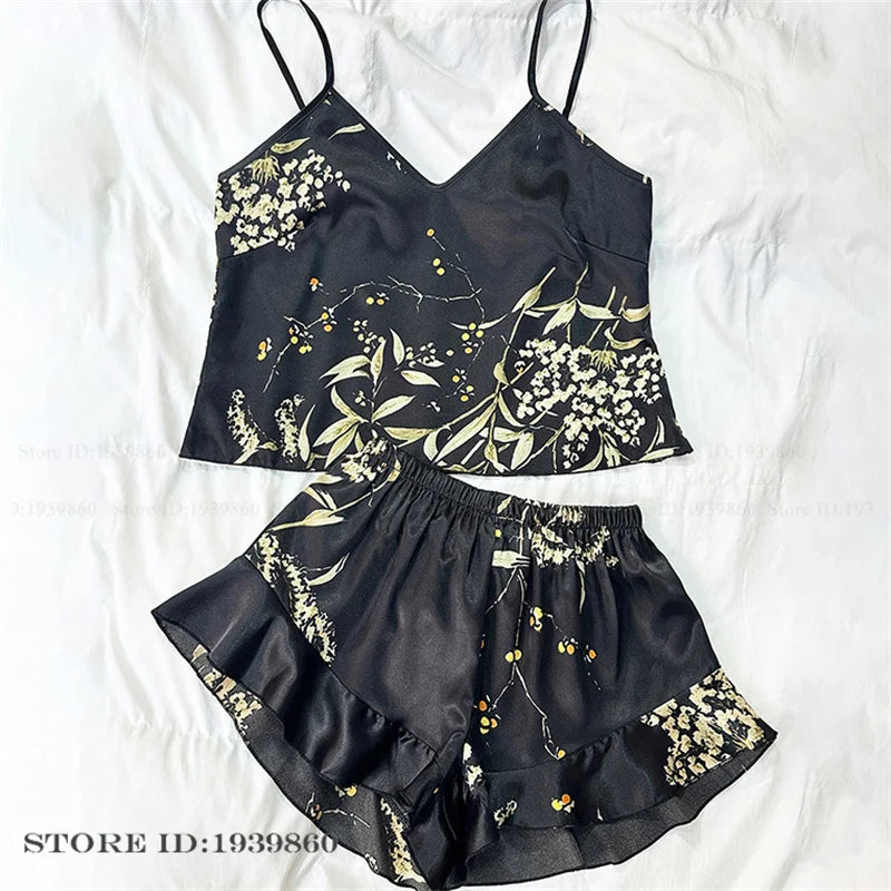 Plus Size 3XL 4XL 5XL Pigiama 2 pezzi Set cinturino sexy Top e pantaloncini Pigiama Completo Lingerie Estate Indumenti da notte in raso Stampa fiore Homewear
