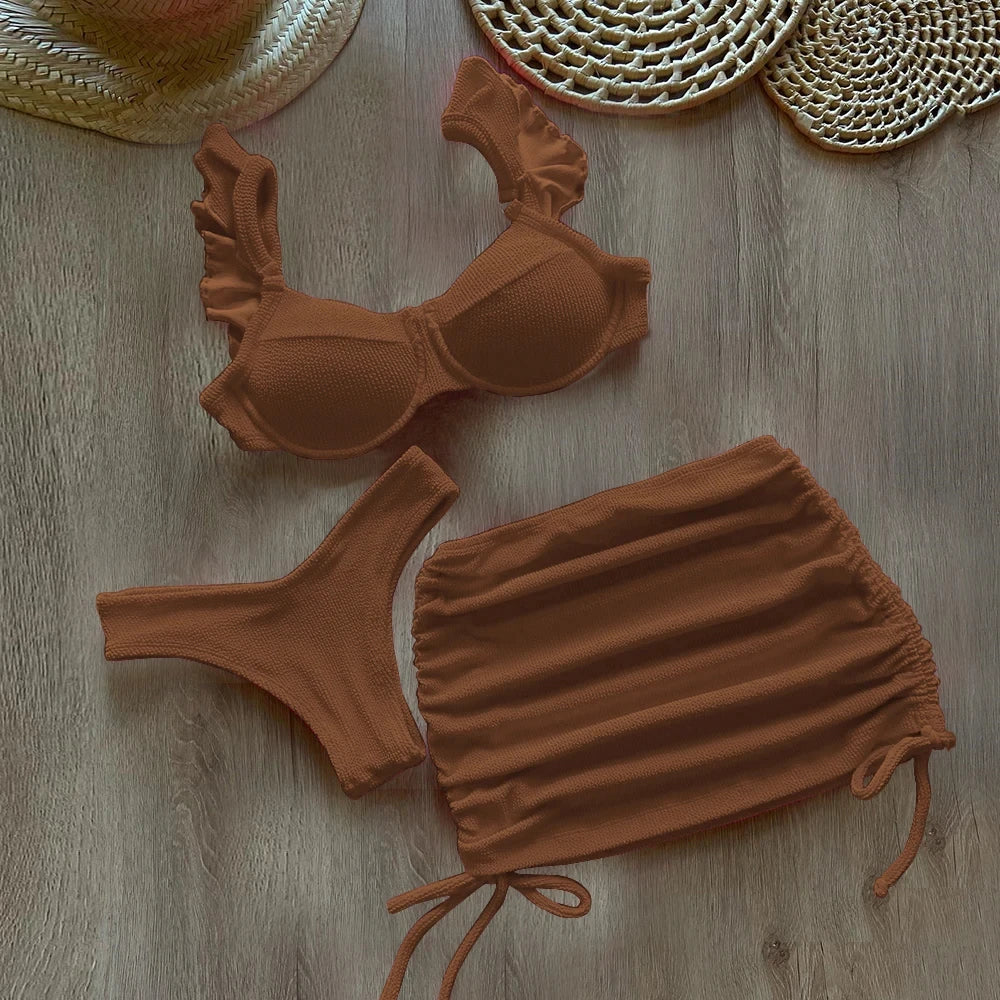 Costume da bagno a vita bassa in tessuto ondulato solido copricostume per donna costume da bagno Push Up con volant a tre pezzi 2023 costumi da bagno da spiaggia