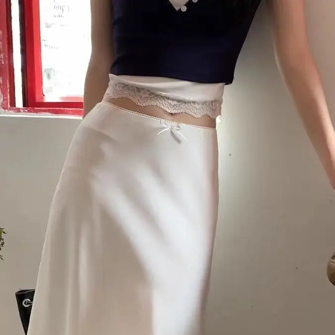 Gonna in raso da donna bianca elegante Deeptown Gonna a metà con volant Fairycore Coquette A-line Gonna estiva casual in seta stile coreano di base