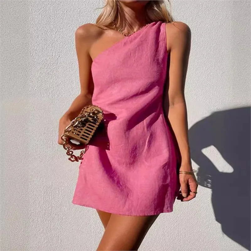 Summer Sexy Women Fashion Solid Mini Dress One-shoulder Asymmetric Diagonal Collar Cotton And Linen Casual Loose Elegant Dress