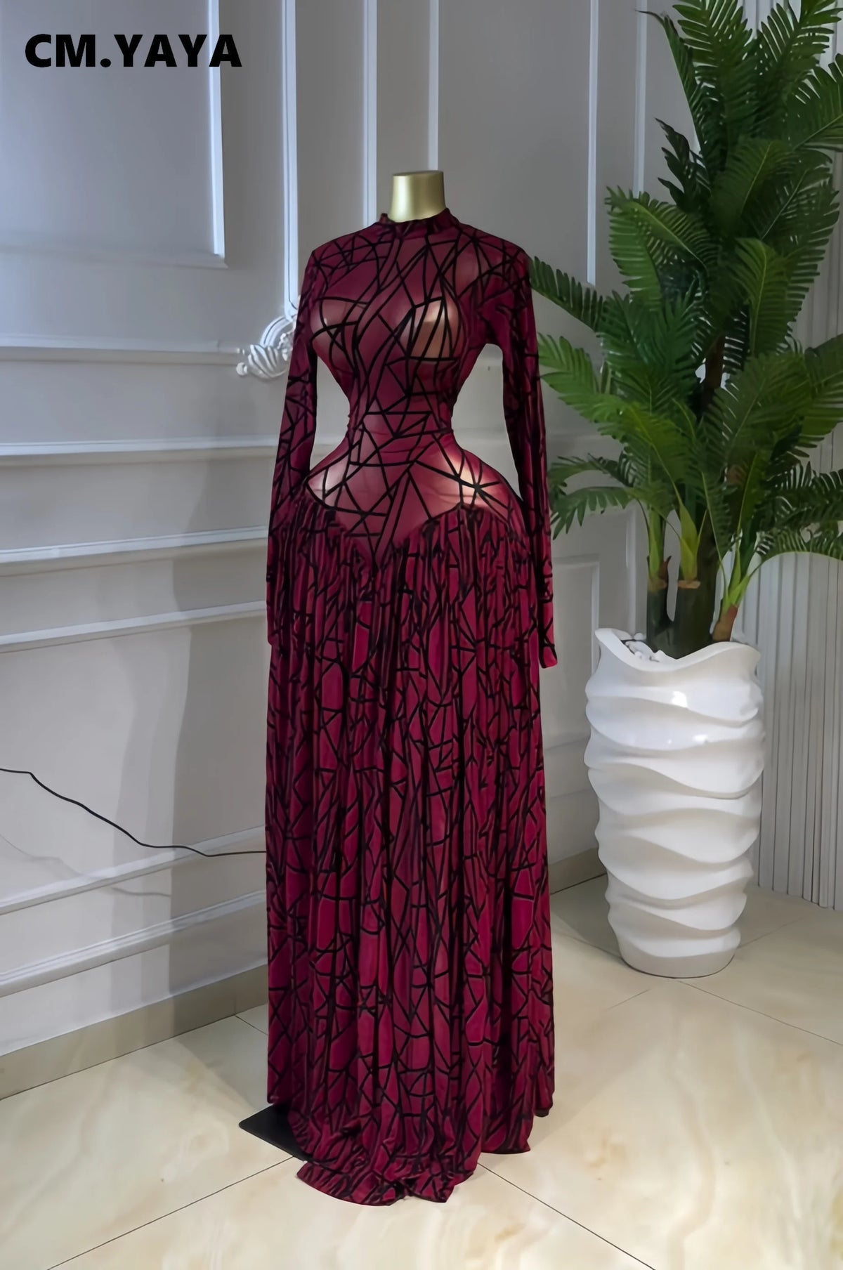 CM.YAYA Abito Lungo da Donna con Maniche Lunghe e Stampa, Collo Tondo, Vestito Maxi 2026 per Serate, Compleanni, Vacanze, Feste Sexy e Club