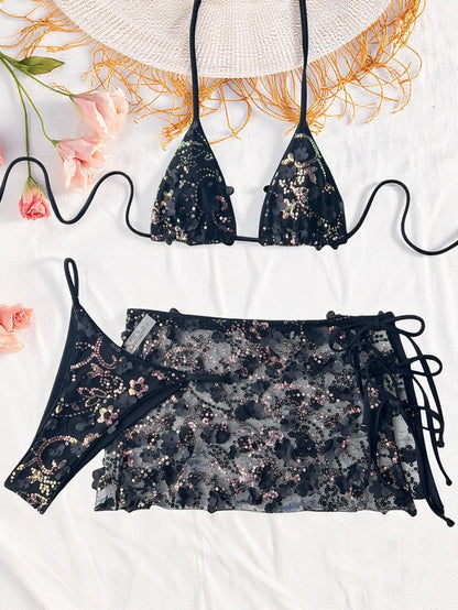 Costume da bagno a 3 pezzi con gonna in rete rosa con paillettes, reggiseno push-up e perizoma, stile brasiliano, per donna, ideale per le vacanze.