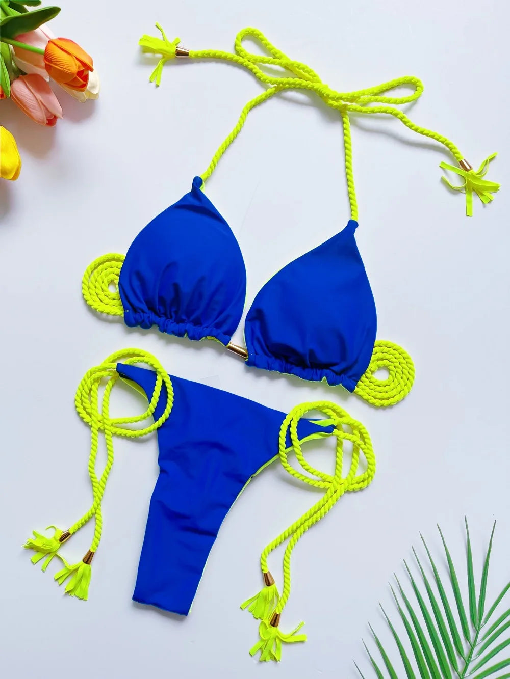 2025 Sexy einfarbiger Zweiteiler Triangel-Badeanzug Damen Bademode Flechtseil Bikini-Set Strand Badeanzug Brasilianische Biquinis