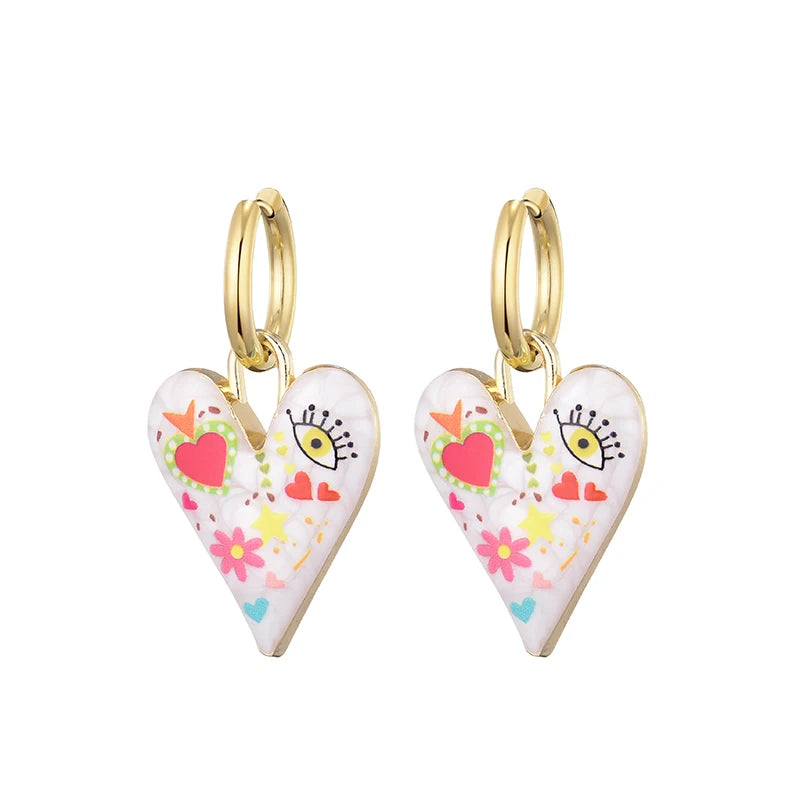 Nuovi orecchini a cerchio in acciaio inossidabile con occhio di cuore carino alla moda per le donne Gioielli femminili di amore con pendente color oro smaltato vintage colorato
