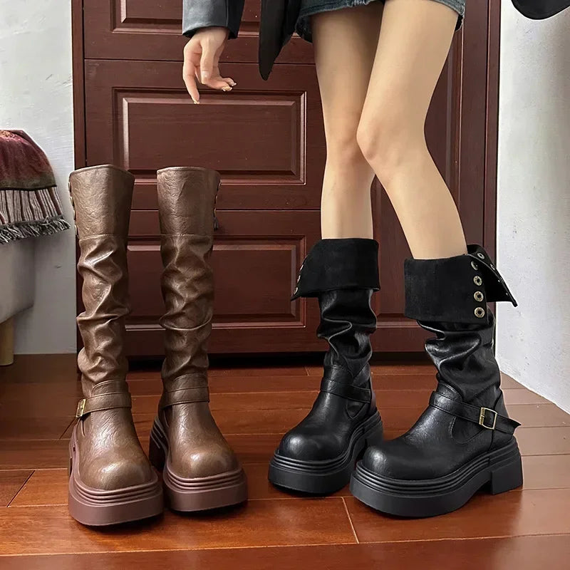 Women's Platform Motorcycle Boots Buckle Strap Thick-soled Boots Feamle New Fashion Black PU Leather Western Knight Botas Mujer