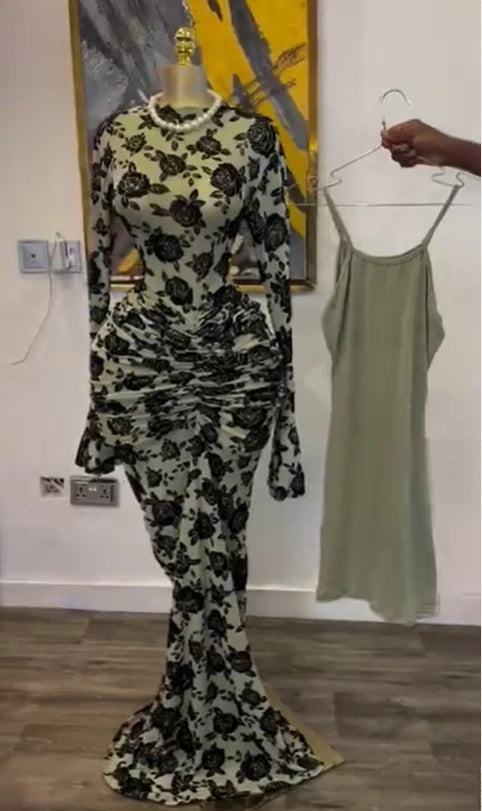 CM.YAYA 2025 Autunno Donna Manica lunga Maglia impilata Vedi anche con fodera Aderente Abito lungo da sera Compleanno Abiti da festa sexy
