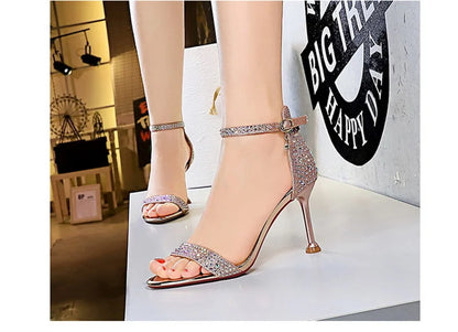 Sandali estivi da donna Tacchi alti Strass Cristallo Tacchi medi Caviglia Evento di nozze Festa Scarpe dorate Eleganti 1688-3