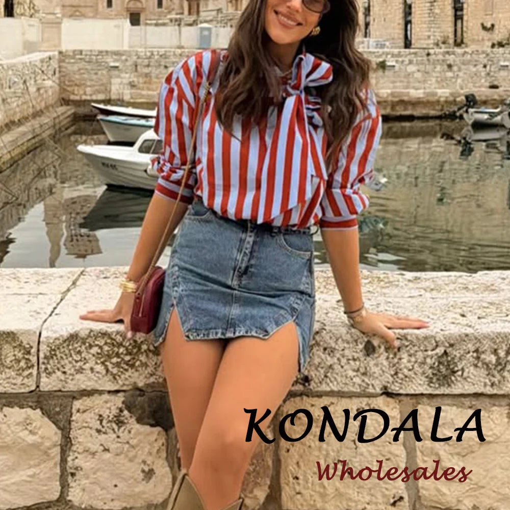 KONDALA Camicia Vintage a Righe con Fiocco da Donna, Casual, Asimmetrica, Moda Primavera 2026, Camicia Monopetto, Streetwear Chic Femminile