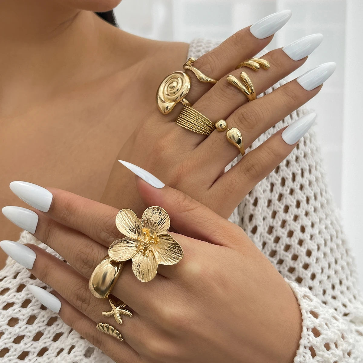 Ingemark 8 Pz/set Vintage Metallo Petalo Fiore Goccia D'acqua Anelli Aperti per Le Donne di Tendenza 2025 Goth Anello Geometrico Regalo Dei Monili Quotidiani