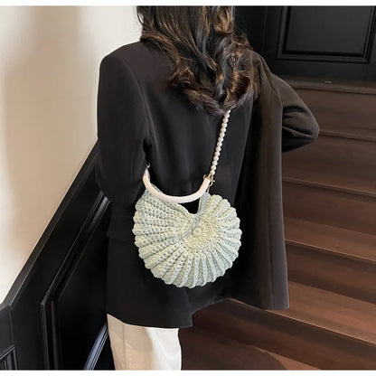 Borse a tracolla da donna all'uncinetto a forma di conchiglia creativa Divertenti catene di perle carine Borsa a tracolla in tessuto fatto a mano Novità piccole borse