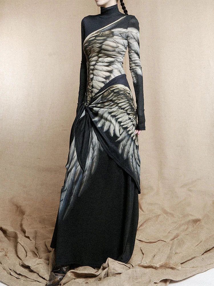 CHEERART Abiti a maniche lunghe con piume ad ala vintage Autunno 2025 Moda donna dolcevita maglia una linea maxi abito da sera di lusso