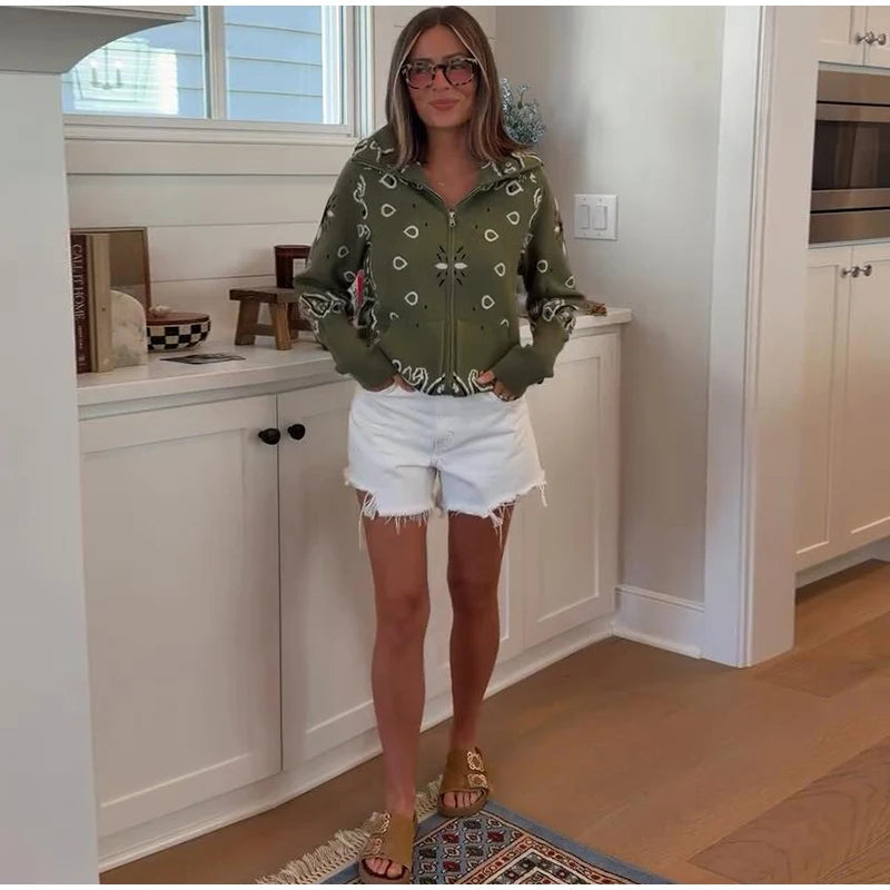 Giacca in maglia con stampa paisley per donna, colletto alto, maniche raglan, chiusura a zip, tasca frontale, cardigan autunnale 2026, giacca retrò ampia.
