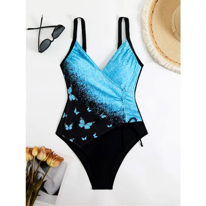 Printing V Neck Swimming Suit for Women Fashion Slim Side Drawstring Bathing Suit Bodysuit Female One Piece Swimsuit Beachwear