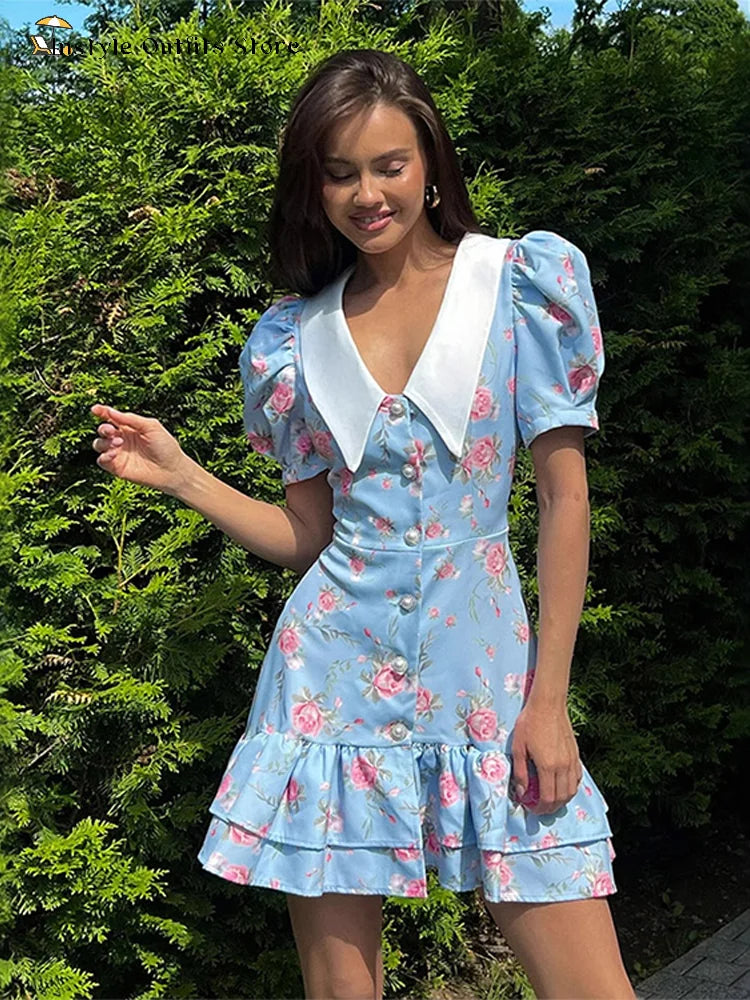 Mini abito con stampa casual Lady Summer Slim bottoni con risvolto Abiti a strati a trapezio Donna Manica corta Abito da vacanza Festa femminile Dolce