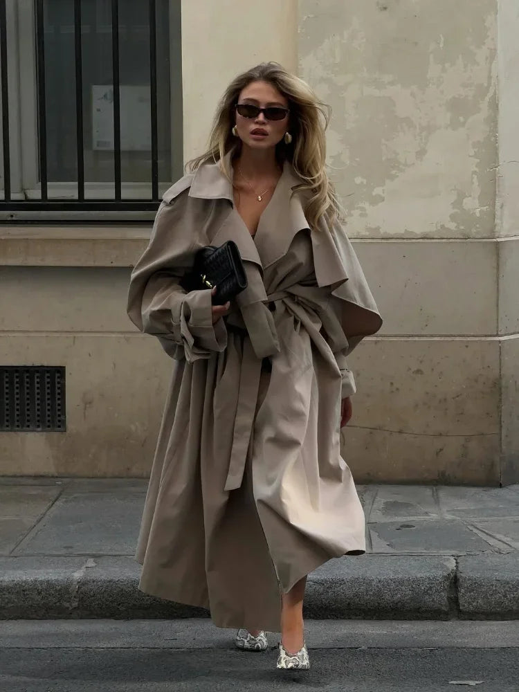 Trench lungo con lacci solido Moda donna Manica intera Risvolto monopetto Capispalla allentato Lady Autunno Cappotto Highstreet quotidiano