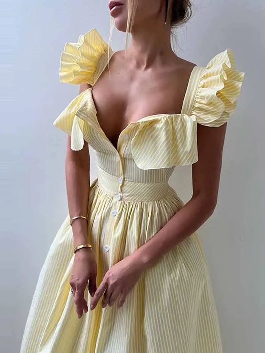 BKQU Abito lungo elegante con maniche volanti a righe con volant Abito lungo da donna chic con colletto quadrato sottile monopetto Abito lungo da festa estivo femminile
