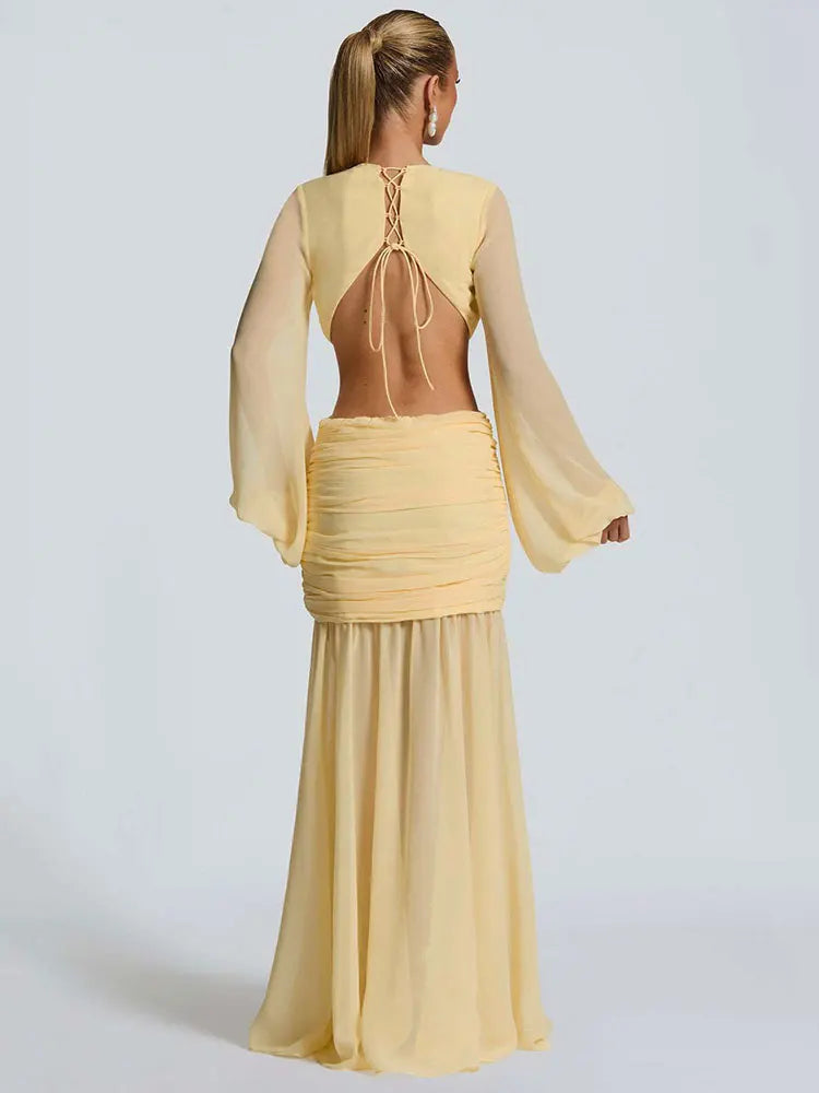 GACVGA Abito lungo elegante in chiffon per donna Nuovi abiti con maniche a lanterna Abiti lunghi aderenti da club sexy pieghettati