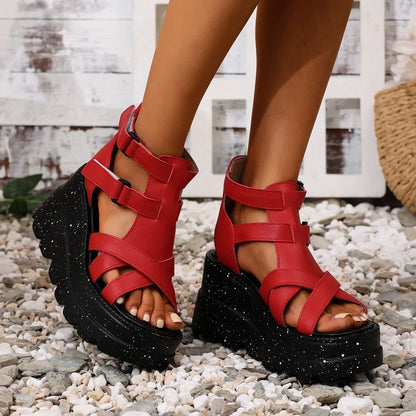 Sandali da donna Sandali da donna con plateau in pelle moda estiva Sandali gladiatore con tacco alto da donna Scarpe da donna con zeppa robuste per esterni