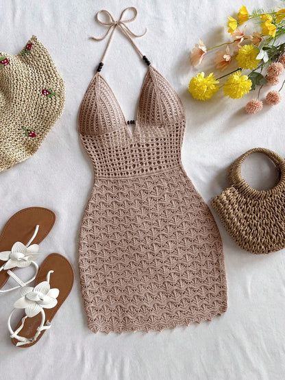 Robe d'été sexy tricotée à col en V creux, perles en bois, coupe ajustée, bretelles de vacances et dégradé de couleurs, robe sans bretelles