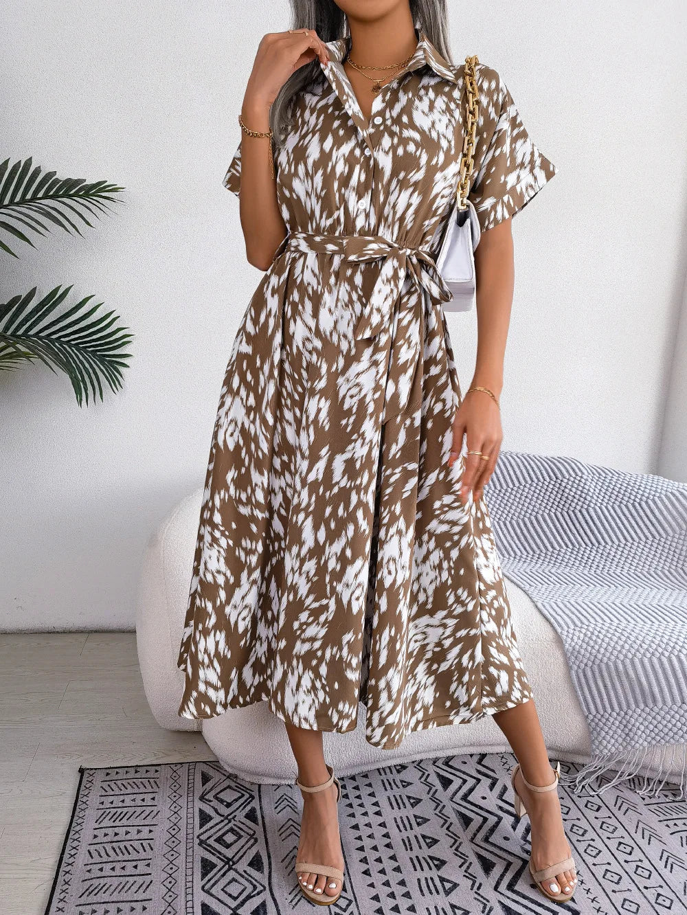 Ficusrong donna estate Casual allentato leopardo Lace Up camicia vestito per le signore moda tutti abbinati abiti Chic