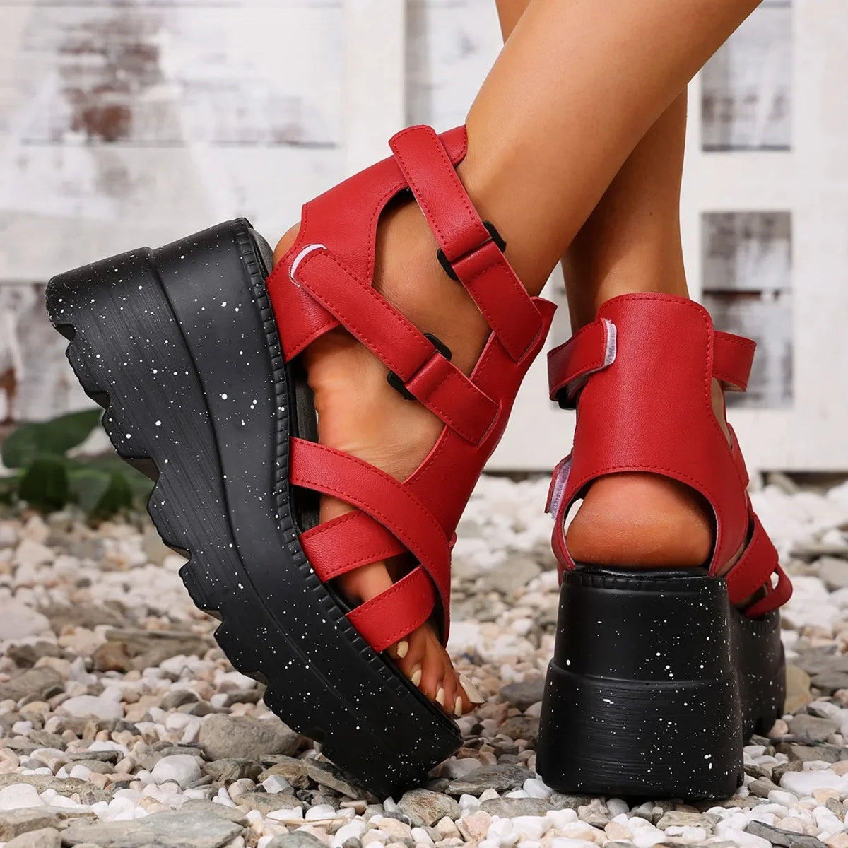 Sandali da donna Sandali da donna con plateau in pelle moda estiva Sandali gladiatore con tacco alto da donna Scarpe da donna con zeppa robuste per esterni