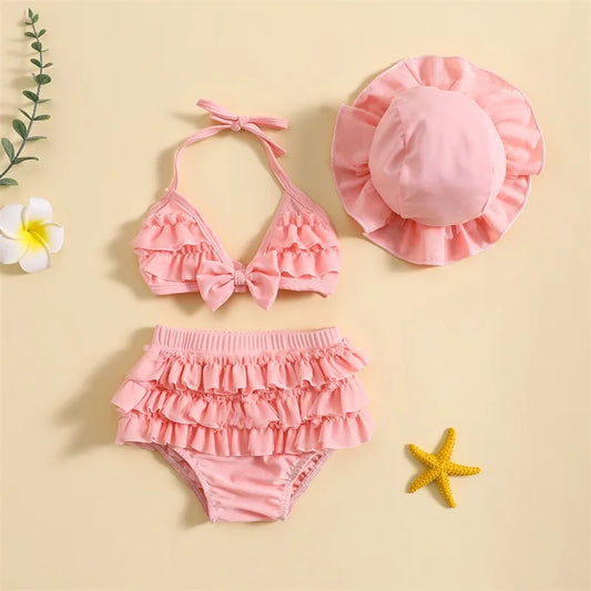 Tregren 0-24M neonate 3 pezzi bikini Set con berretti da bagno Ruffle Bandage Bow costume da bagno Summer Swimwear Beach costume da bagno