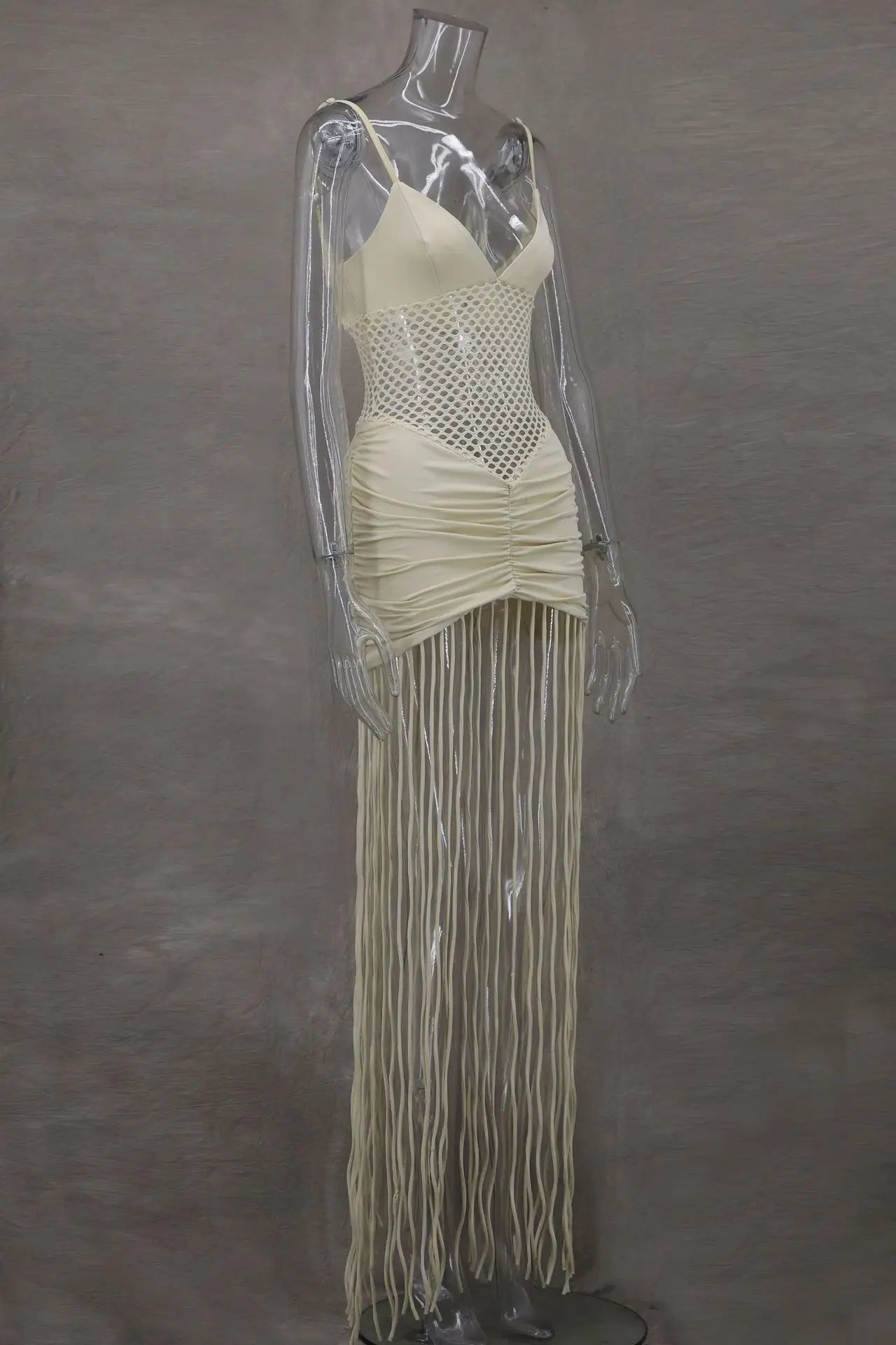 Abito con fionda con giunture sull'orlo con nappa Abito da donna sexy con vita scava fuori Abiti aderenti pieghettati elasticizzati Abito da spiaggia estivo solido femminile