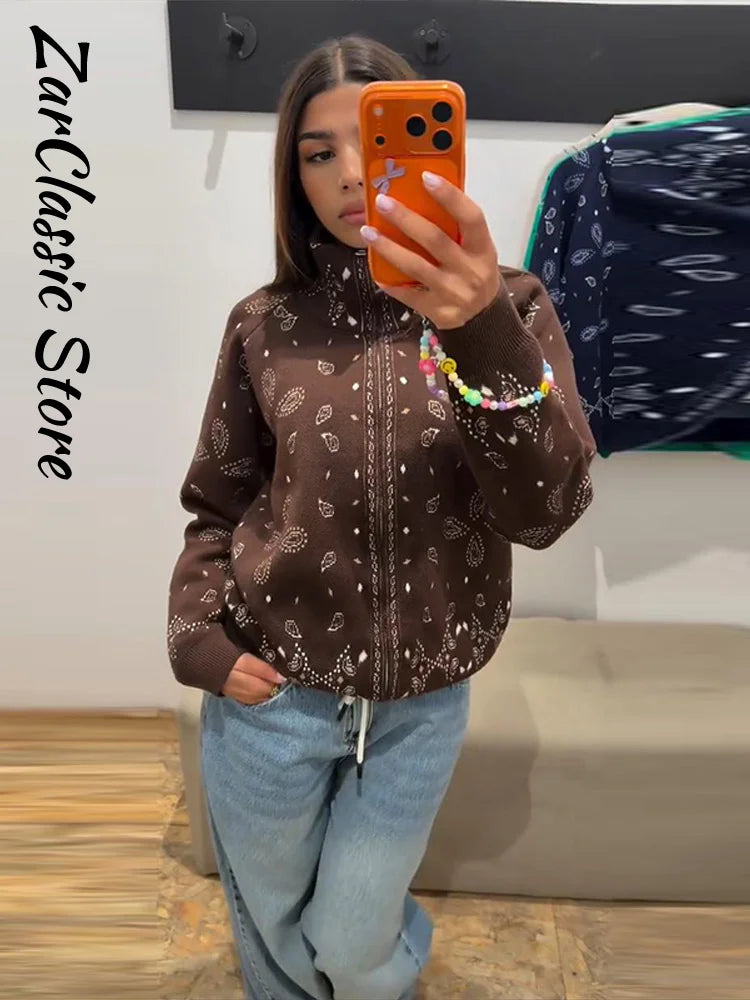 Cardigan da Donna Vintage con Motivo Paisley Jacquard, Collo Alto, Chiusura a Zip, Maglione Lavorato a Maglia, Nuovo Abbigliamento Casual Elegante per l'Inverno 2026