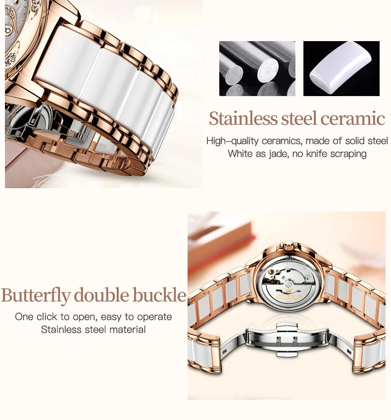 OLEVS 6631 Orologi automatici da donna Eleganti orologi da polso meccanici da donna impermeabili con cinturino in ceramica color oro rosa e lunetta con diamanti
