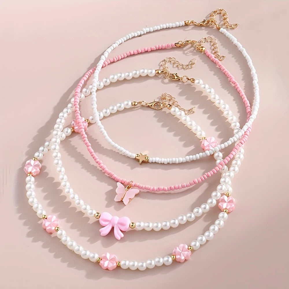 4 pezzi/set set di collane fatte a mano con farfalla, cuore, fiore, perle e perline, per bambini, adolescenti, amicizia, miglior regalo per gli amici