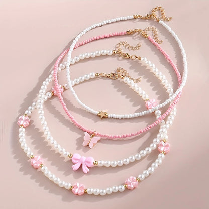 4 pezzi/set set di collane fatte a mano con farfalla, cuore, fiore, perle e perline, per bambini, adolescenti, amicizia, miglior regalo per gli amici