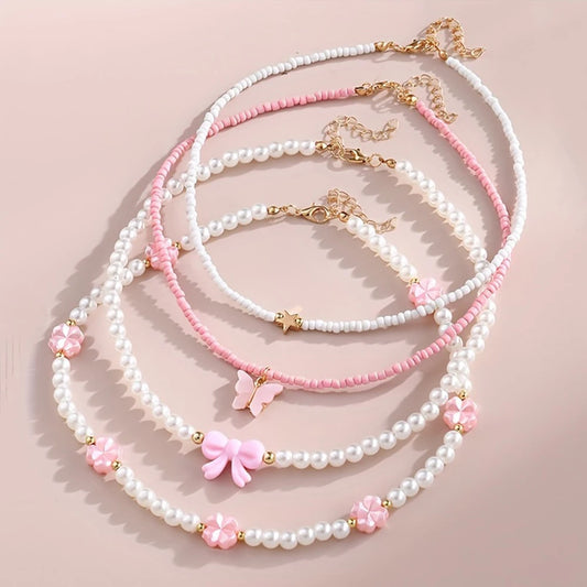 4 pezzi/set set di collane fatte a mano con farfalla, cuore, fiore, perle e perline, per bambini, adolescenti, amicizia, miglior regalo per gli amici