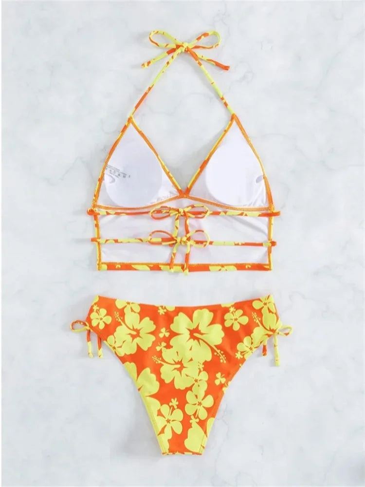 Costume da bagno sexy con stampa floreale gialla Set da donna Halter Push Up Crop Top Costume da bagno 2025 Costume da bagno da spiaggia con lacci Costumi da bagno a vita alta