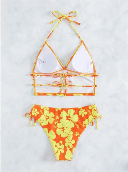 Costume da bagno sexy con stampa floreale gialla Set da donna Halter Push Up Crop Top Costume da bagno 2025 Costume da bagno da spiaggia con lacci Costumi da bagno a vita alta