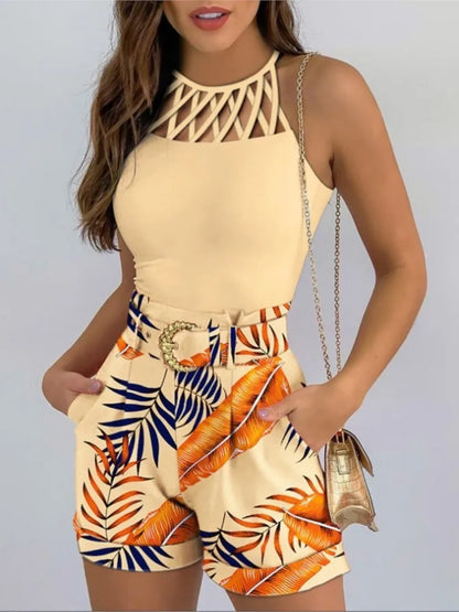 Summer Sexy Women's 2-piece Tank Tops Fashion Beach Suit Slim Short Top Shorts Print Casual Hollow Sleeveless Vest 2 Piece Suit