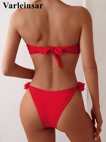 XS - L Fiori 3D Bikini a fascia taglio alto Costumi da bagno donna Costume da bagno femminile Bikini a due pezzi Costume da bagno bagnante Costume da bagno V5961