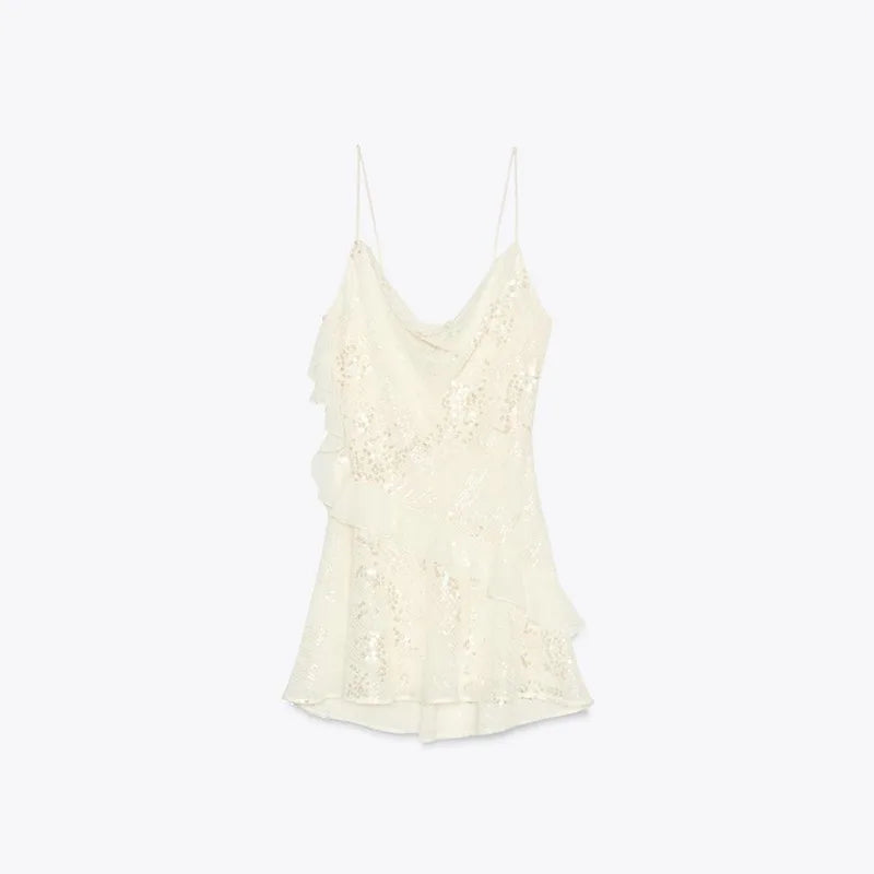 Sexy paillettes volant mini abito fionda donna solido scollo a V senza maniche backless abiti a trapezio 2025 estate signora chic abiti da festa