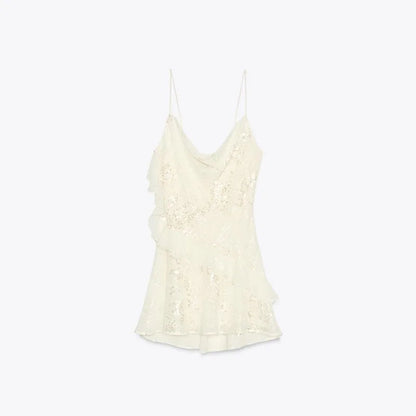Sexy paillettes volant mini abito fionda donna solido scollo a V senza maniche backless abiti a trapezio 2025 estate signora chic abiti da festa