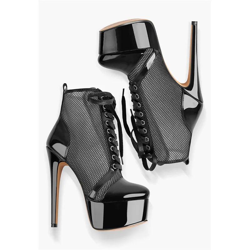 Onlymaker Women Platform Ankle Boots Black Lace Up Mesh 16CM Thin High Heel FashionSexy  Stiletto Female Boots