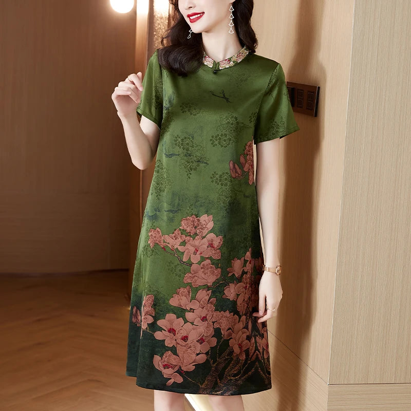 2024 seta floreale manica corta vita allentata vestito Midi donna estate lusso elegante partito abiti coreano Vintage Casual Prom Dress