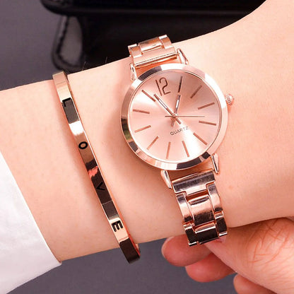 Set da 2 pezzi orologio da donna di lusso quadrante semplice cinturino cavo moda braccialetto in oro orologio da polso al quarzo orologi da donna per studenti Reloj Mujer