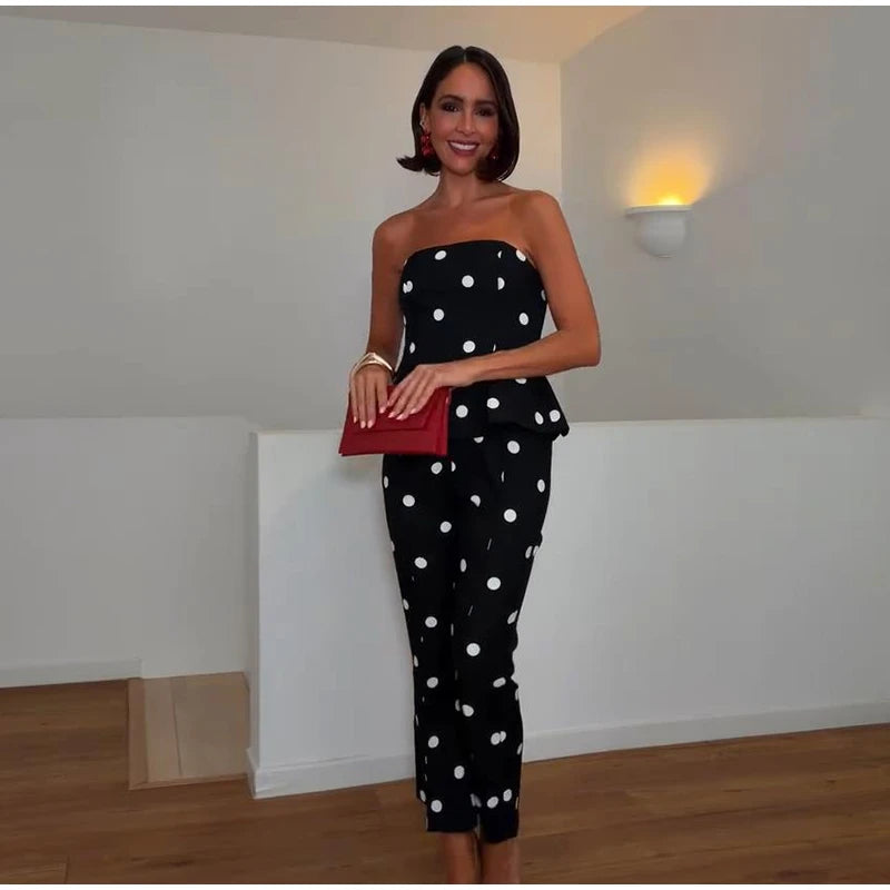 Elegante Tuta Intera da Donna a Pois Senza Maniche con Vita Stretta e Schiena Scoperta, Top a Tubino, Pagliaccetto Lungo da Donna, Moda Estiva 2026
