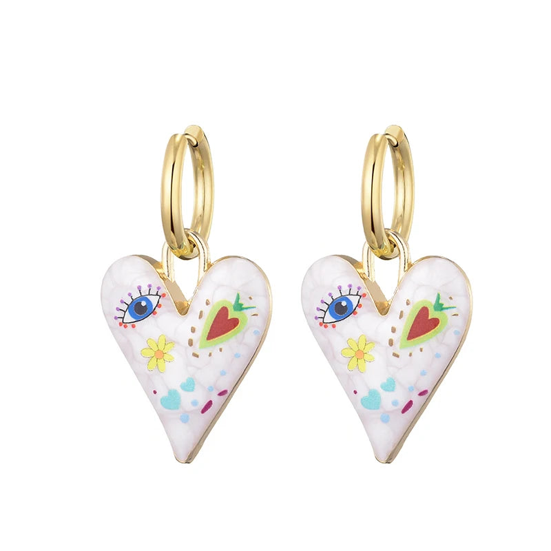 Nuovi orecchini a cerchio in acciaio inossidabile con occhio di cuore carino alla moda per le donne Gioielli femminili di amore con pendente color oro smaltato vintage colorato