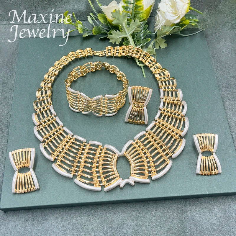 Ensemble de bijoux original plaqué or 18 carats de Dubaï pour femme, collier, boucles d'oreilles, bracelet, bague, cadeau de mariage, de fête, style italien exquis